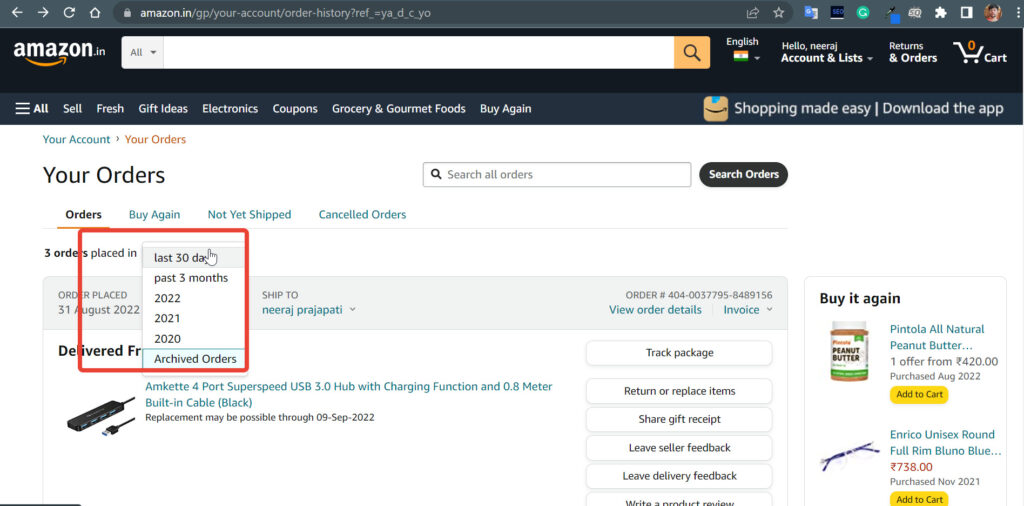 how to view archived orders on amazon